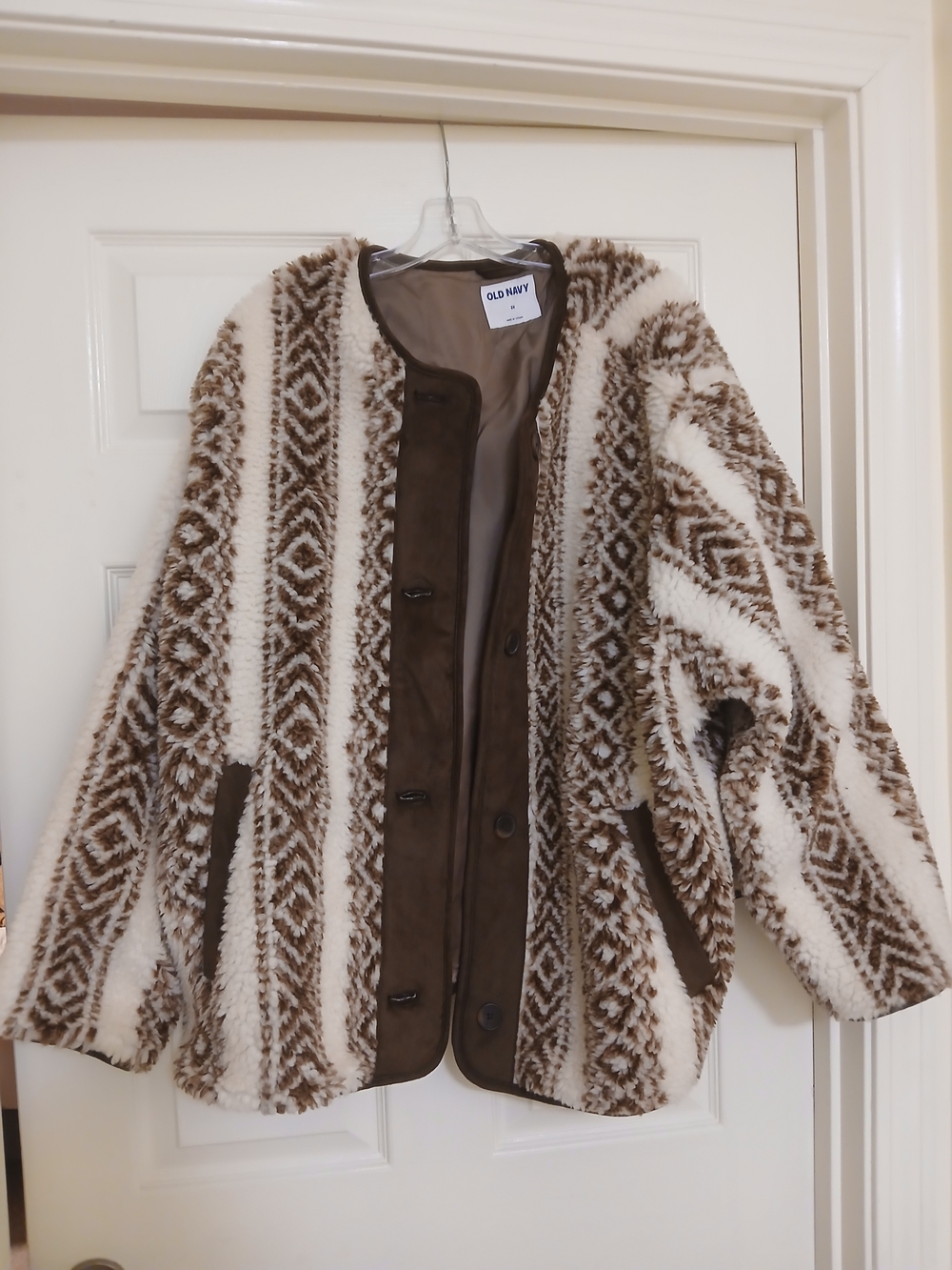 Old Navy Cream and Brown Geometric Plush Jacket